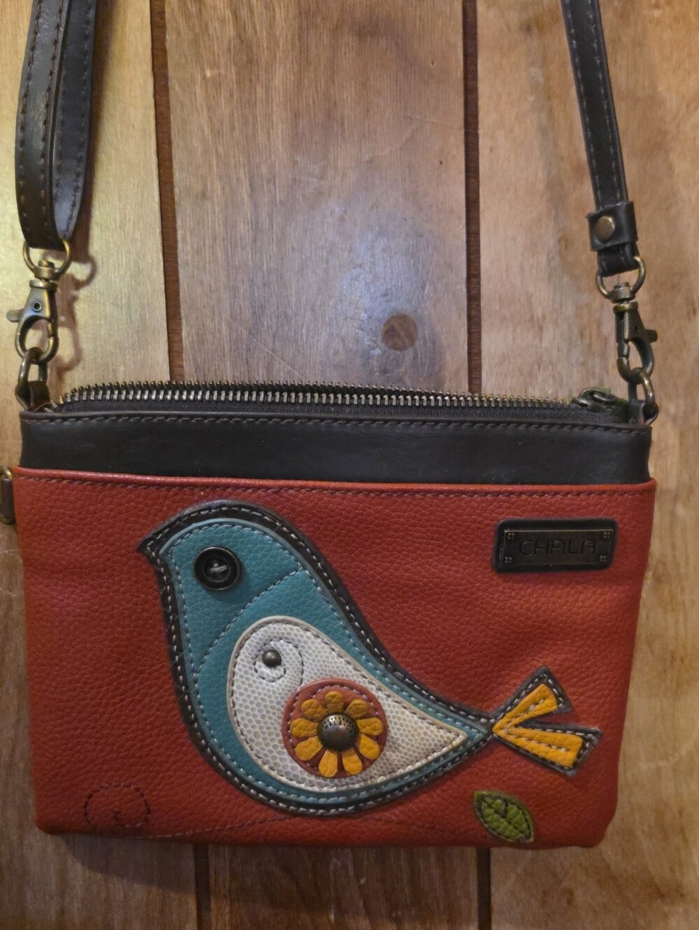 Chala Red Crossbody Bag with Teal & Yellow Bird Applique